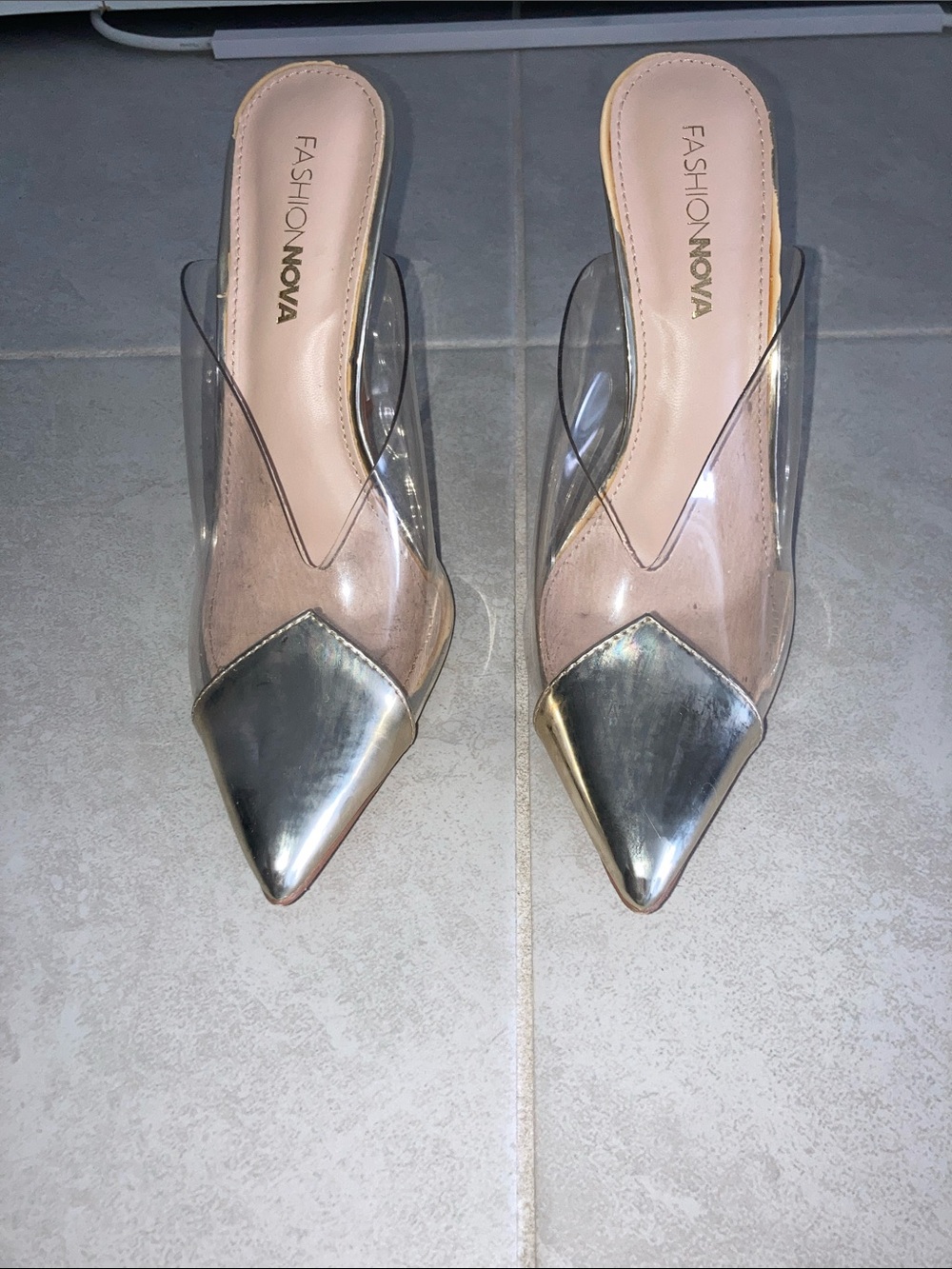 Fashion Nova Clear Slip-On Mule with gold Pointed Toe
